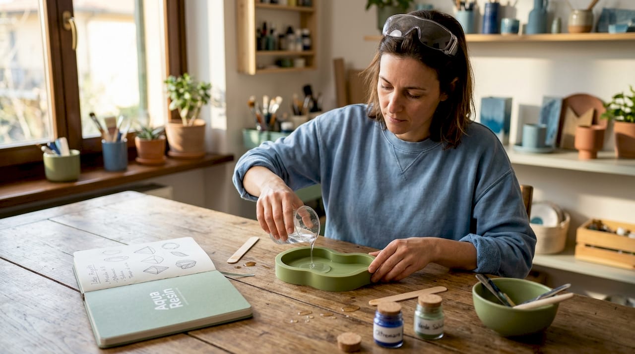 Un’artista alle prese con la colatura della resina nel suo laboratorio creativo in casa.