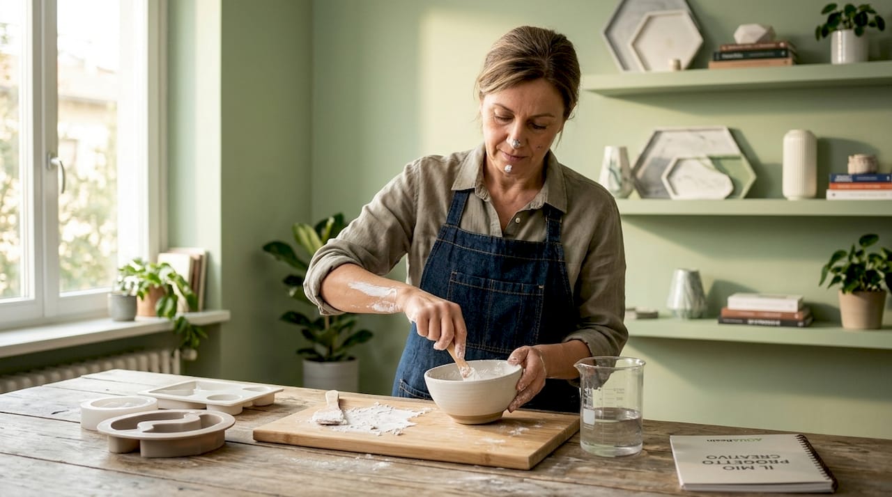 Una donna prepara il gesso per realizzare progetti creativi fai da te.